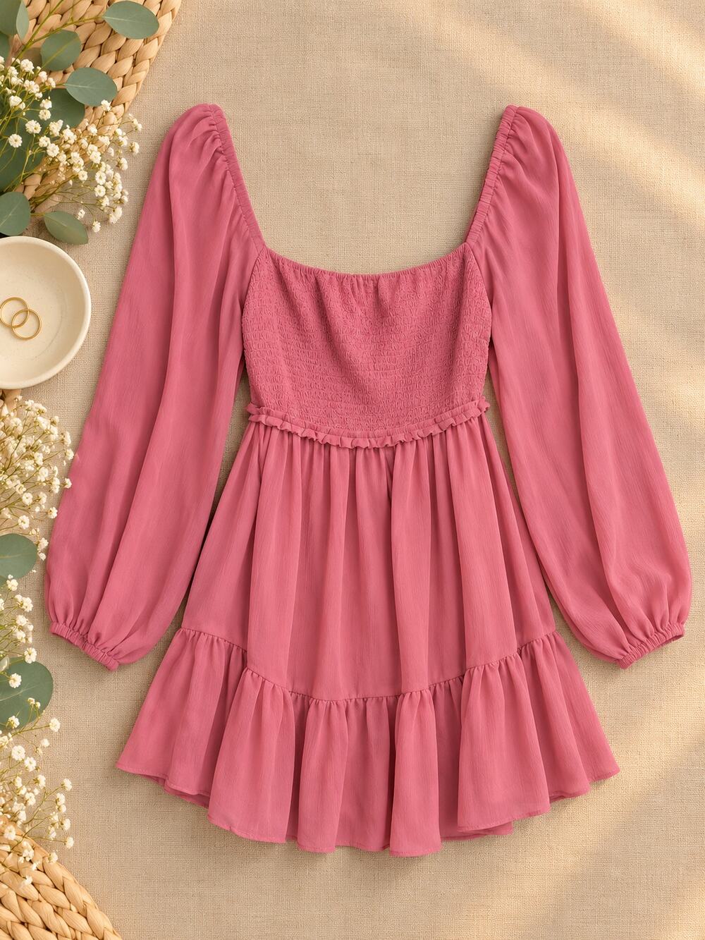Wilfred Tempest Mini Dress Dusty Rose Pink Smocked Long Sleeve Coquette Size S